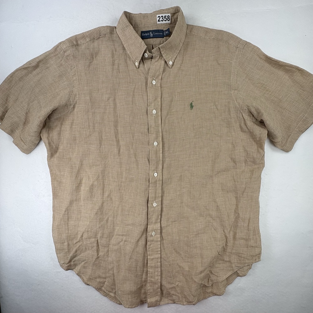 Ralph Lauren Shirt Mens XL Tan Check 100% Linen Short Sleeve Button Down Pony